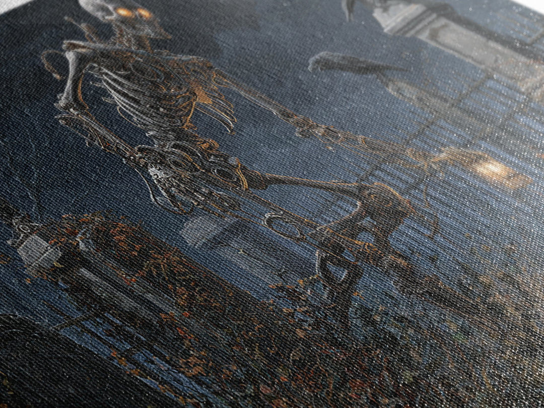 The Biomechanical Skeleton, Wide Panoramic Art, Gothic Horror Wall Art, Framed Canvas Print, Halloween Wall Decor, Gothic Home Decor