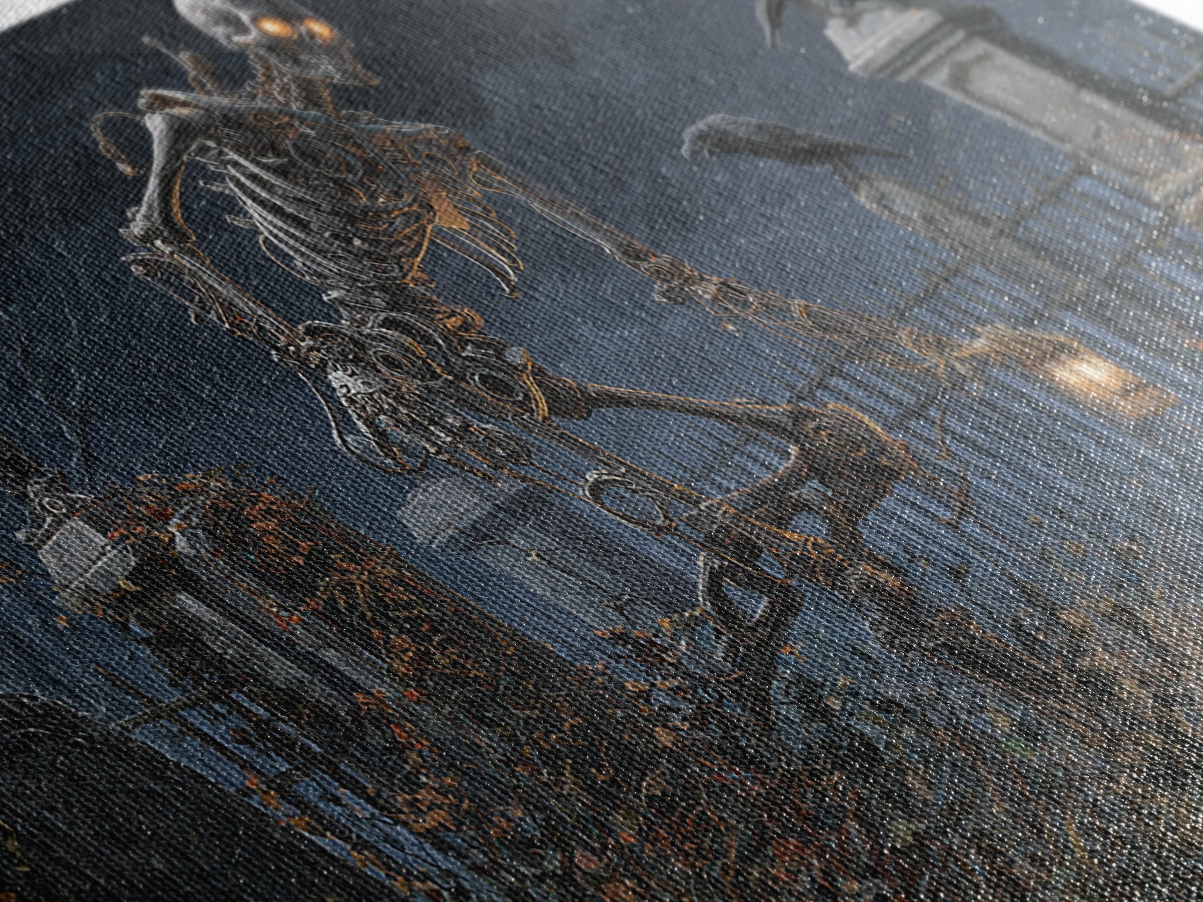 The Biomechanical Skeleton, Wide Panoramic Art, Gothic Horror Wall Art, Framed Canvas Print, Halloween Wall Decor, Gothic Home Decor