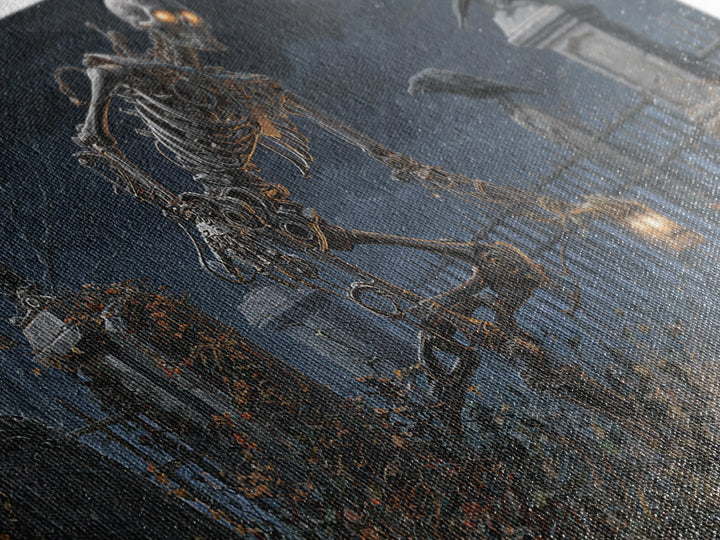 The Biomechanical Skeleton, Wide Panoramic Art, Gothic Horror Wall Art, Framed Canvas Print, Halloween Wall Decor, Gothic Home Decor