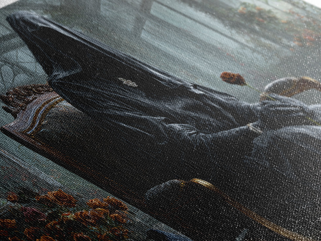 The Invisible Mourner Of Glass House, Wide Panoramic Art, Gothic Horror Wall Art, Framed Canvas Print, Halloween Wall Decor