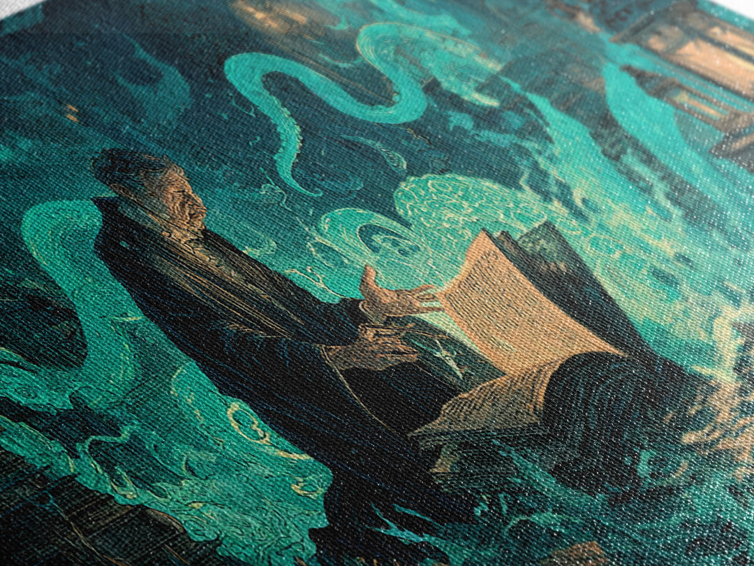 The Librarian Of Forbidden Tides, Wide Panoramic Art, Lovecraftian Horror Art, Canvas Print, Halloween Wall Decor, Gothic Home Decor