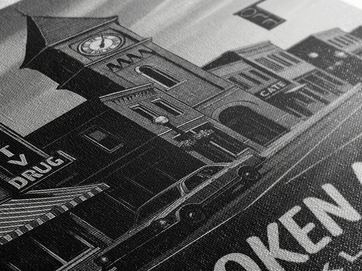 Broken Arrow Travel Poster, Framed Canvas Print, Dark Moody City Wall Art, Broken Arrow Art Print, Mid Century Wall Art, City Art Print