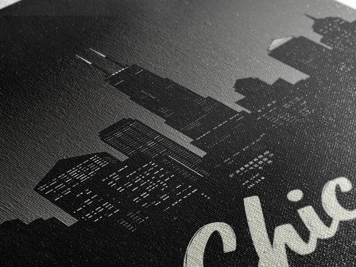 Chicago Travel Poster, Framed Canvas Print, Black And White Travel Art, Chicago City Art, City Illustration, Living Room Wall Art