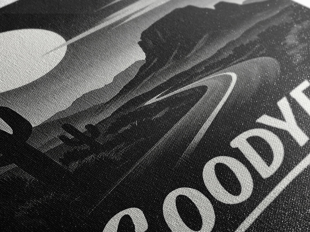 Goodyear Travel Poster, Framed Canvas Print, Vintage Noir Poster Art, Goodyear Travel Art, Living Room Wall Art, Mid Century Wall Art