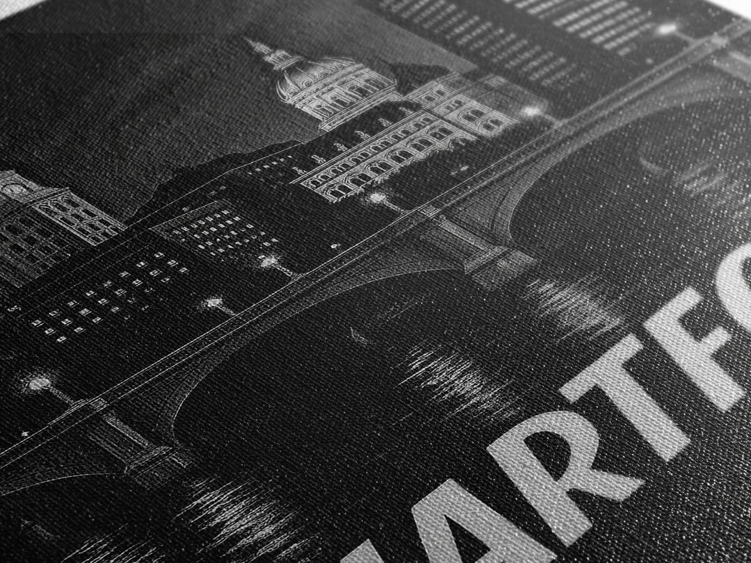Hartford Connecticut Travel Poster, Framed Canvas Print, Dark Moody City Wall Art, Hartford Poster Print, Travel Art Print, Wanderlust Decor
