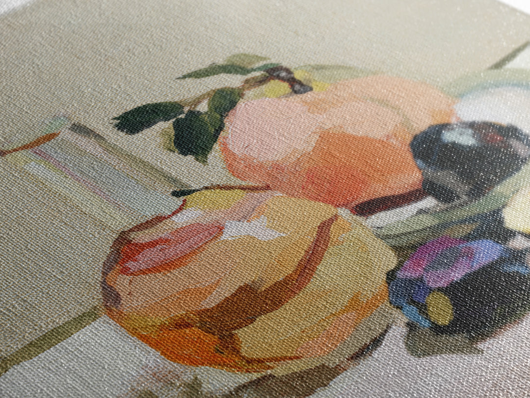 Peach and Plum Still Life Framed Canvas Print, Dining Room Art, Kitchen Wall Art, Dining Room Decor, Fine Art, Dining, DRA-1x1-44