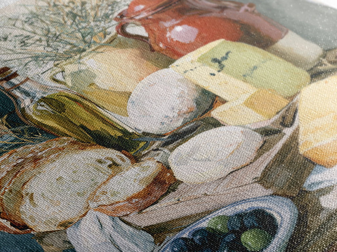 Rustic Bread Olives and Cheese Still Life Canvas Print, Dining Room Art, 3 Piece Wall Art, Dining Room Decor, Oil Painting, DRA-1x1-54