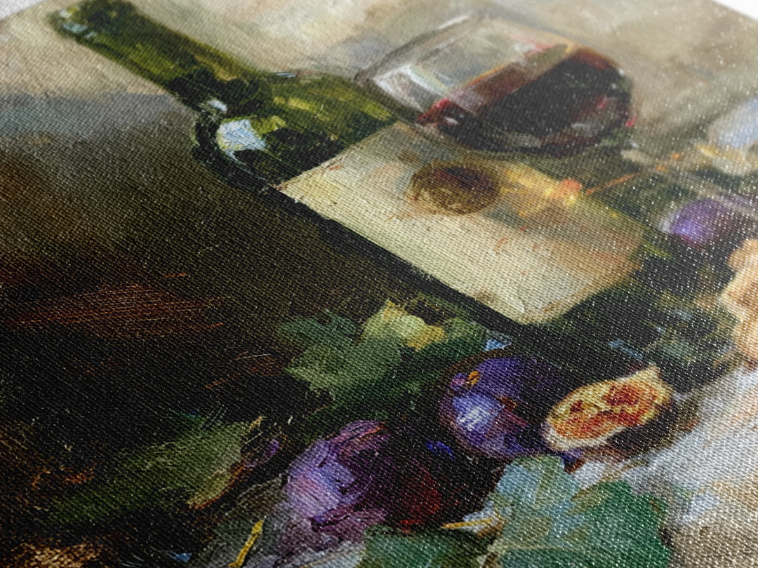 Wine Bottle and Figs on a Linen Canvas Print, Dining Room Art, Gallery Decor, Dining Room Decor, Abstract Art, Dining, DRA-1x1-75