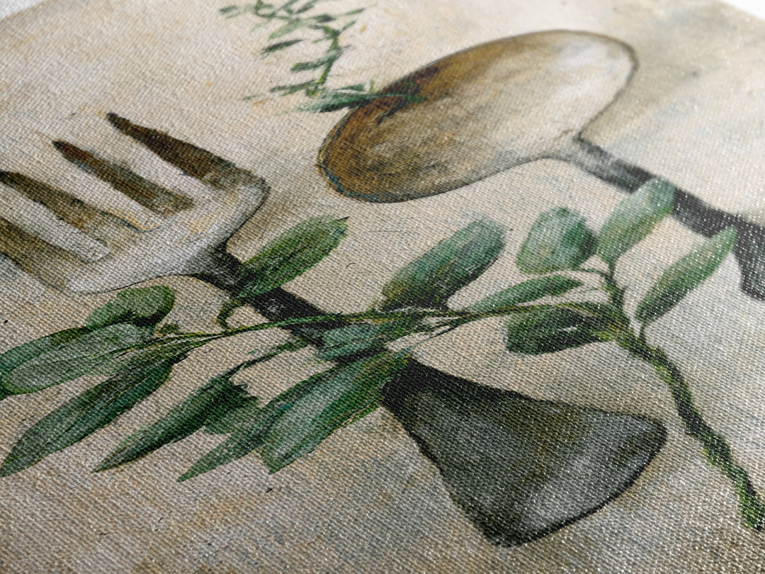 Minimal Fork Spoon and Herb Composition Canvas Print, Dining Room Art, Kitchen Art, Dining Room Decor, Fine Art, Dining, DRA-1x3-10