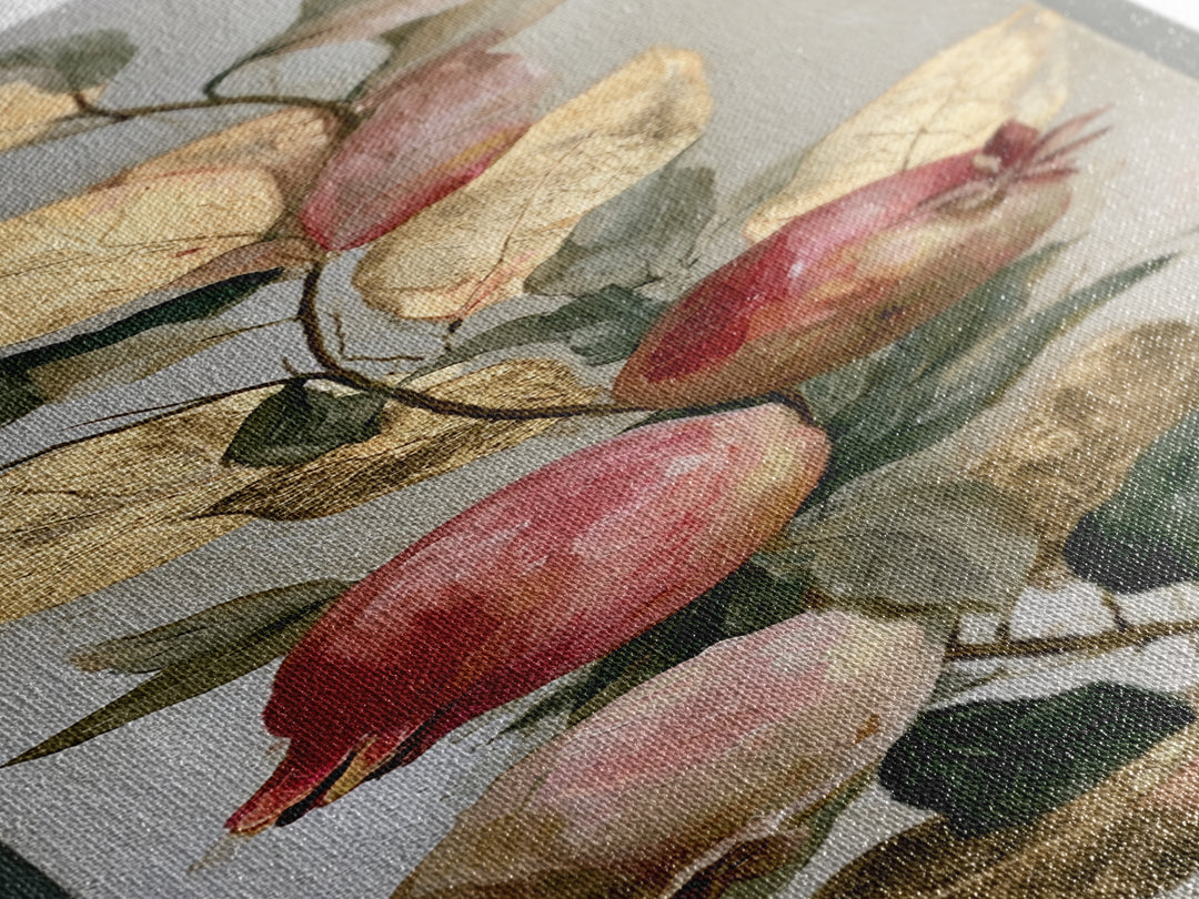 Pomegranate and Gold Leaf Botanical Study Canvas Print, Dining Room Art, Statement Artwork, Dining Room Decor, Oil Painting, DRA-1x3-44