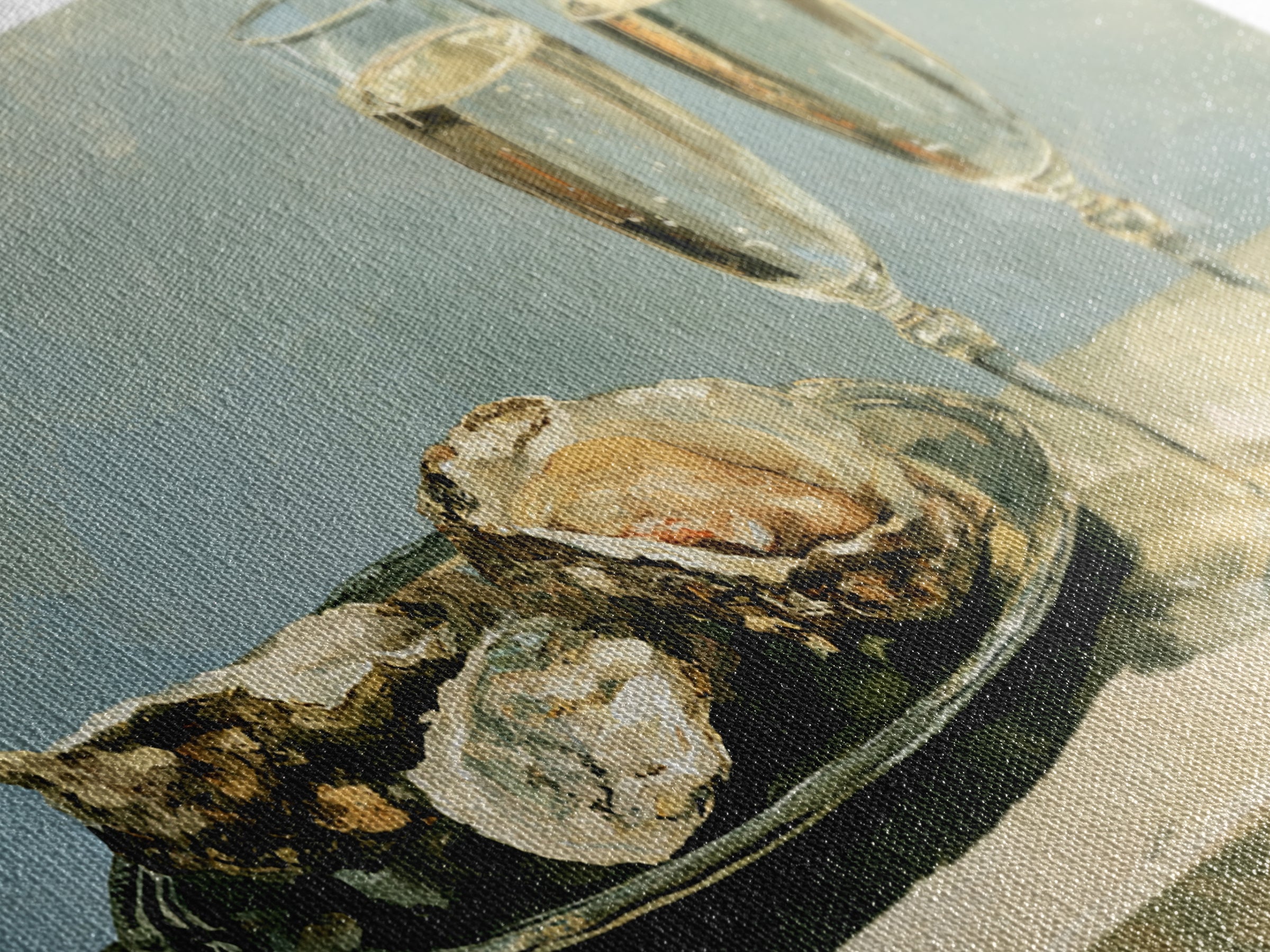 Elegant Oyster and Champagne Still Life Framed Canvas Print, Dining Room Art, Dining Room Decor, Oil Painting, Dining, DRA-2x1-27
