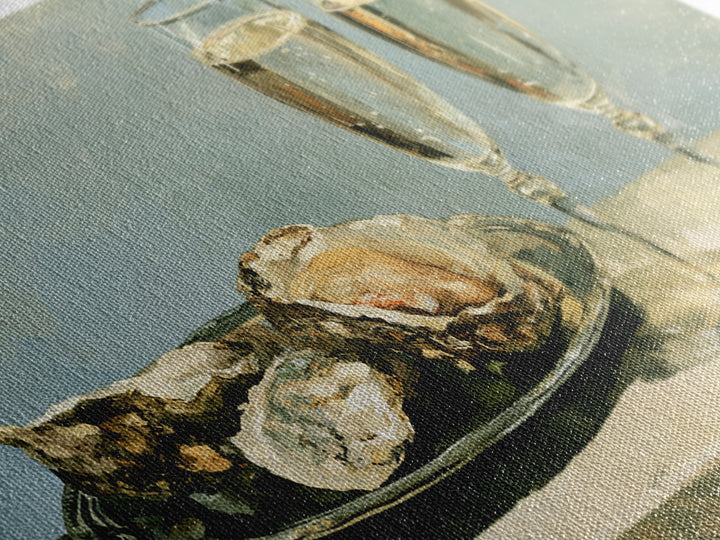 Elegant Oyster and Champagne Still Life Framed Canvas Print, Dining Room Art, Dining Room Decor, Oil Painting, Dining, DRA-2x1-27