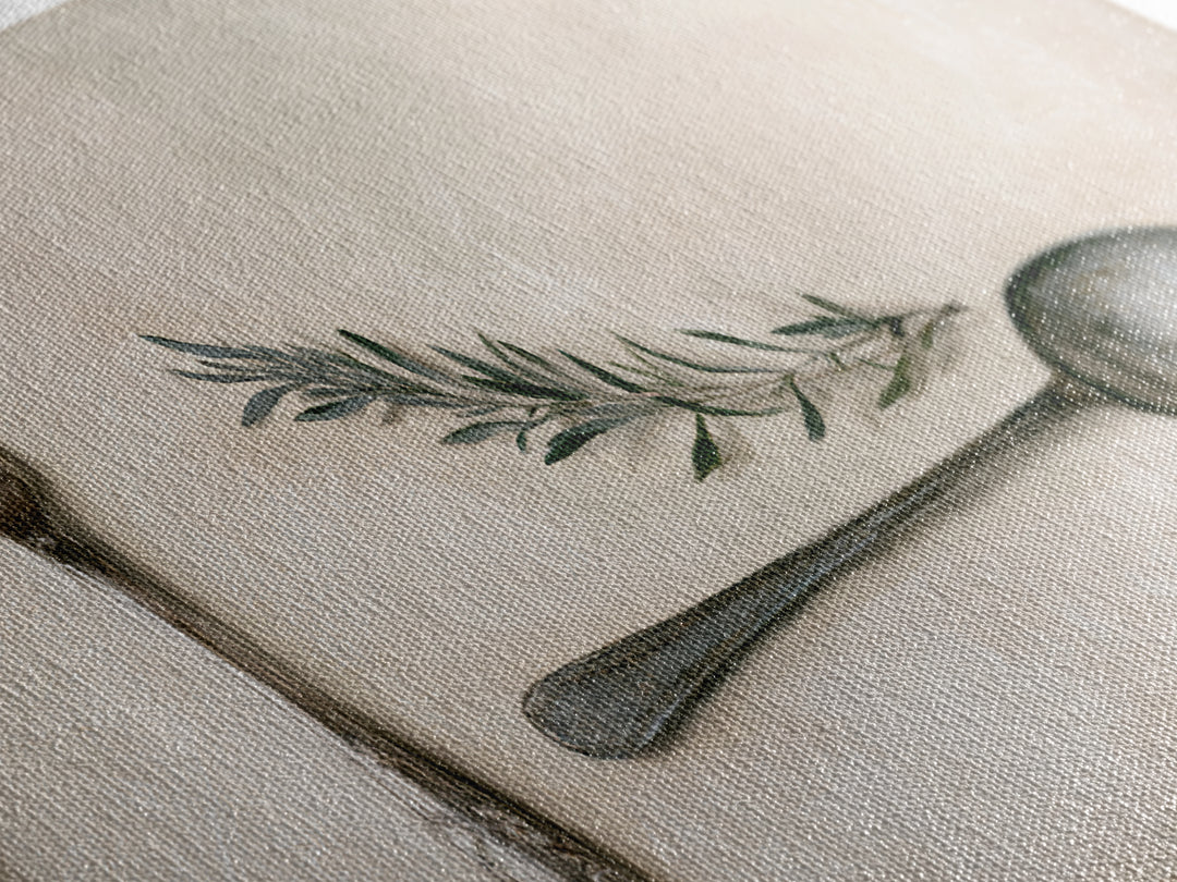Minimal Fork Spoon and Herb Composition Framed Canvas Print, Dining Room Art, Dining Room Decor, Oil Painting, Dining, DRA-2x1-90