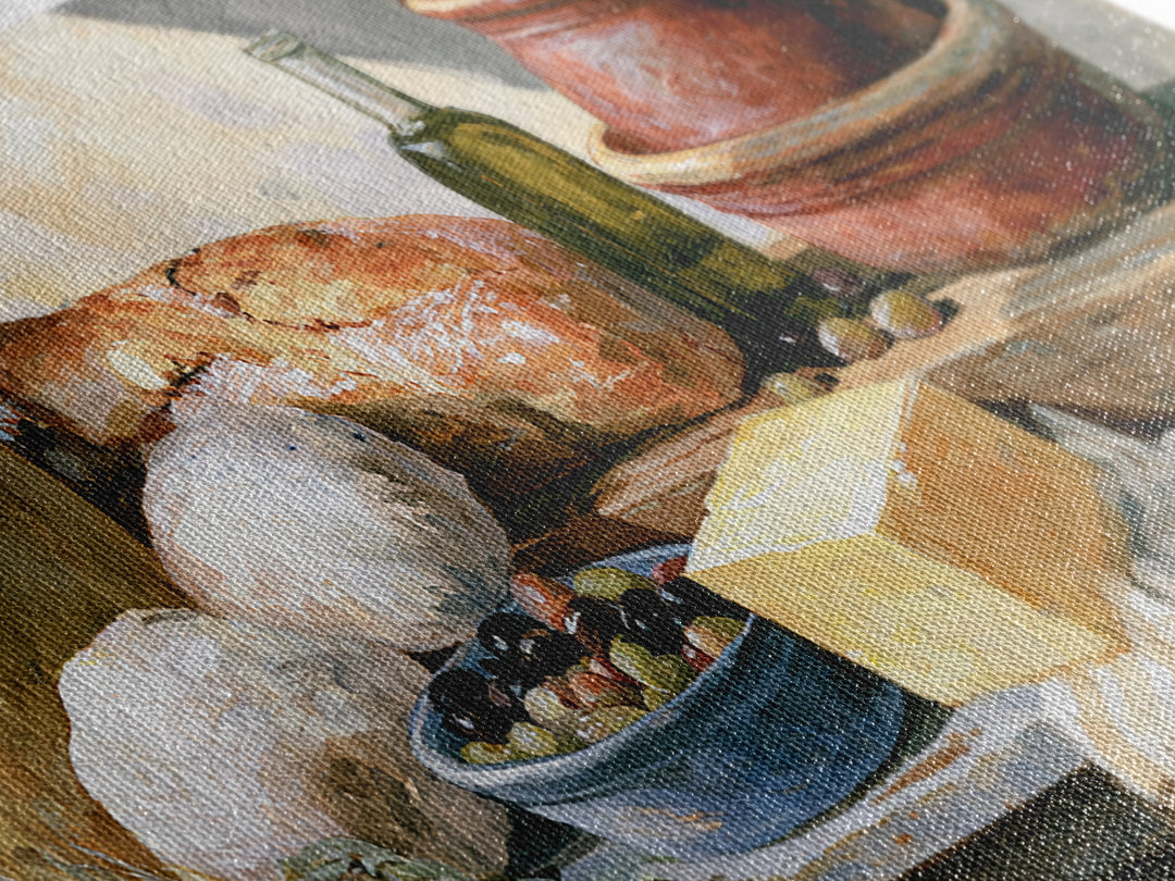 Rustic Bread Olives and Cheese Still Life Canvas Print, Dining Room Art, Dining Room Decor, Watercolor Art, Dining, DRA-2x1-98