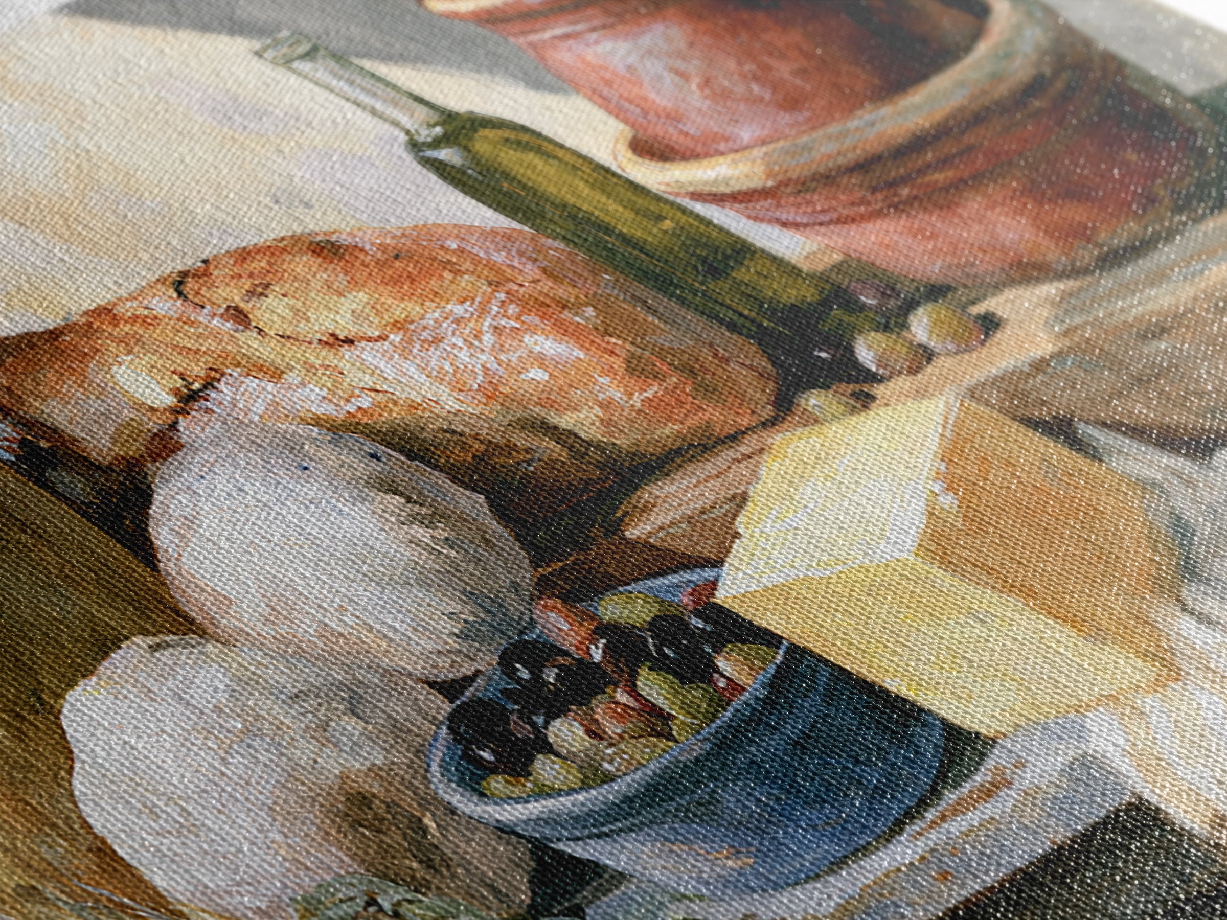 Rustic Bread Olives and Cheese Still Life Canvas Print, Dining Room Art, Dining Room Decor, Watercolor Art, Dining, DRA-2x1-98