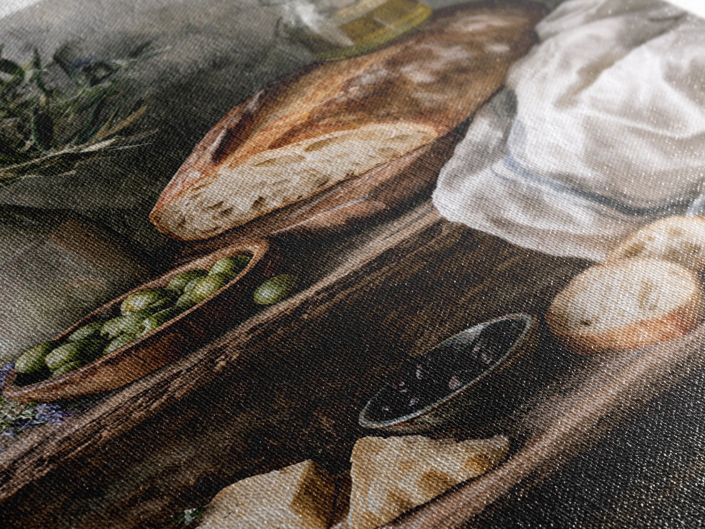 Rustic Bread Olives and Cheese Still Life Canvas Print, Dining Room Art, Modern Decor, Dining Room Decor, Oil Painting, Dining, DRA-2x3-14