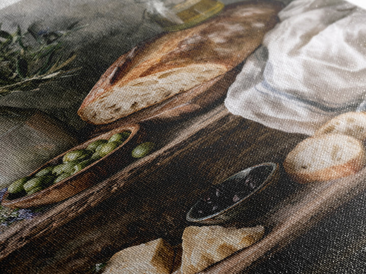 Rustic Bread Olives and Cheese Still Life Canvas Print, Dining Room Art, Modern Decor, Dining Room Decor, Oil Painting, Dining, DRA-2x3-14