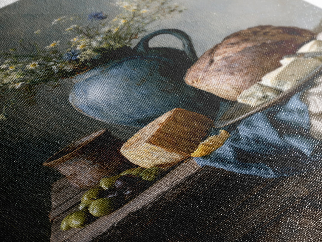 Rustic Bread Olives and Cheese Still Life Canvas Print, Dining Room Art, Wall Art, Dining Room Decor, Abstract Art, Dining, DRA-2x3-62