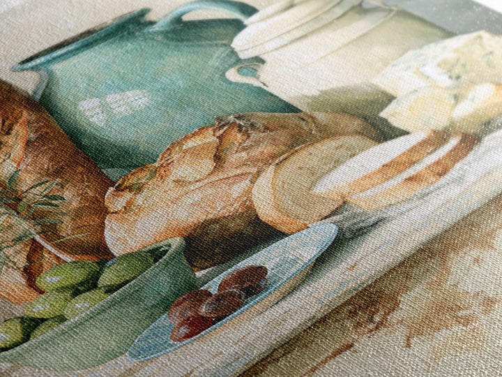 Rustic Bread Olives and Cheese Still Life Canvas Print, Dining Room Art, Wall Art, Dining Room Decor, Abstract Art, Dining, DRA-2x3-86