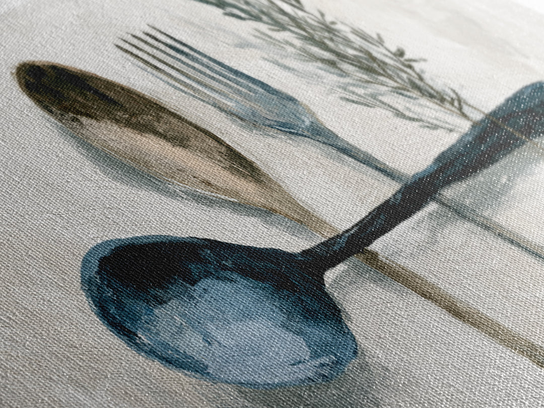 Minimal Fork Spoon and Herb Composition Canvas Print, Dining Room Art, Coastal Wall Art, Dining Room Decor, Fine Art, Dining, DRA-3x1-14