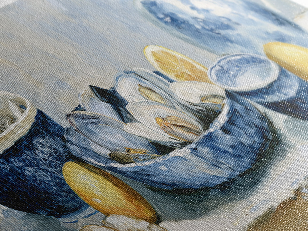 Shellfish and Lemon Still Life Framed Canvas Print, Dining Room Art, Trendy Wall Art, Dining Room Decor, Watercolor Art, Dining, DRA-3x1-32
