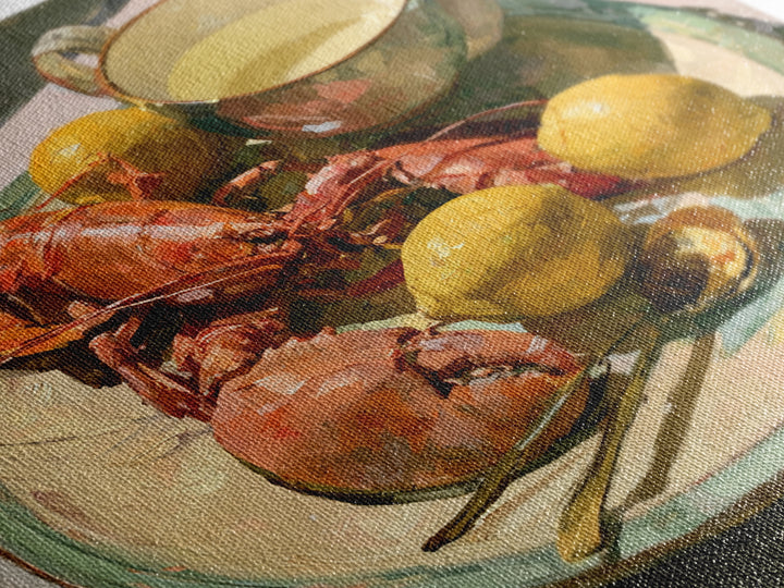 Unexpected Lobster and Lemons Still Life Framed Canvas Print, Eclectic Art, Fine Art Print, Living Room Decor, Abstract Art, ECL-1x1-66