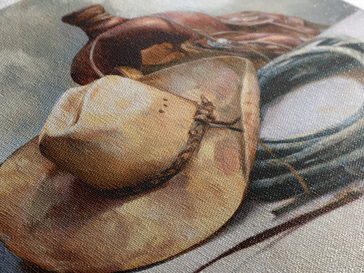 Cowgirl Hat and Reins Still Life Canvas Print, Equestrian Art, Western Decor, Living Room Decor, Fine Art, Equestrian, EQU-1x1-35