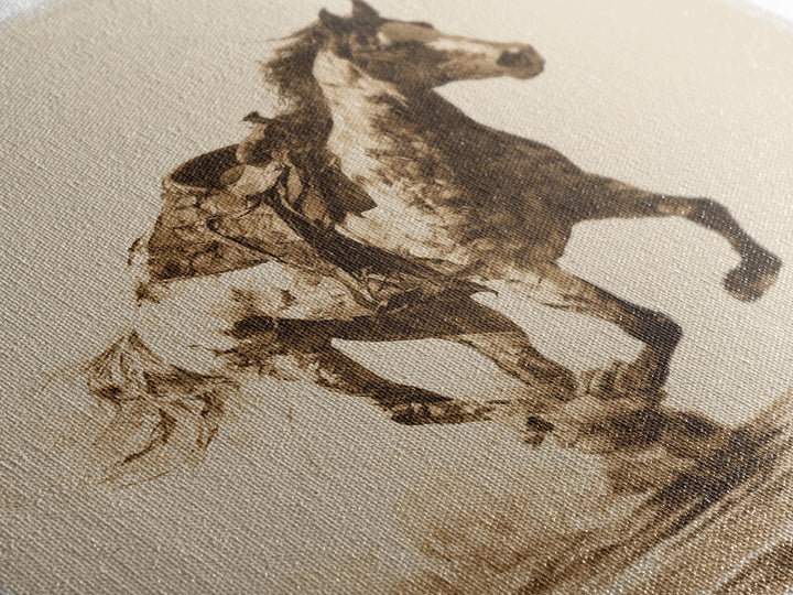 Minimal Horse Contour Drawing on Cream Paper Canvas Print, Equestrian Art, Antique Oil Painting, Living Room Decor, Equestrian, EQU-1x1-61