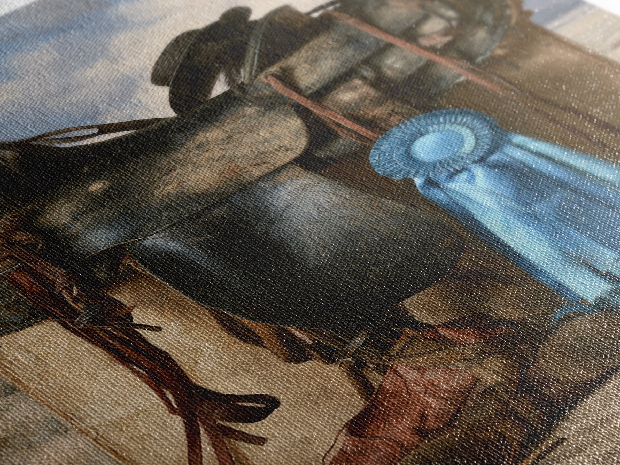 Blue Ribbon and Saddle Competition Still Life Framed Canvas Print, Equestrian Art, Wall Art, Living Room Decor, Equestrian, EQU-2x3-1