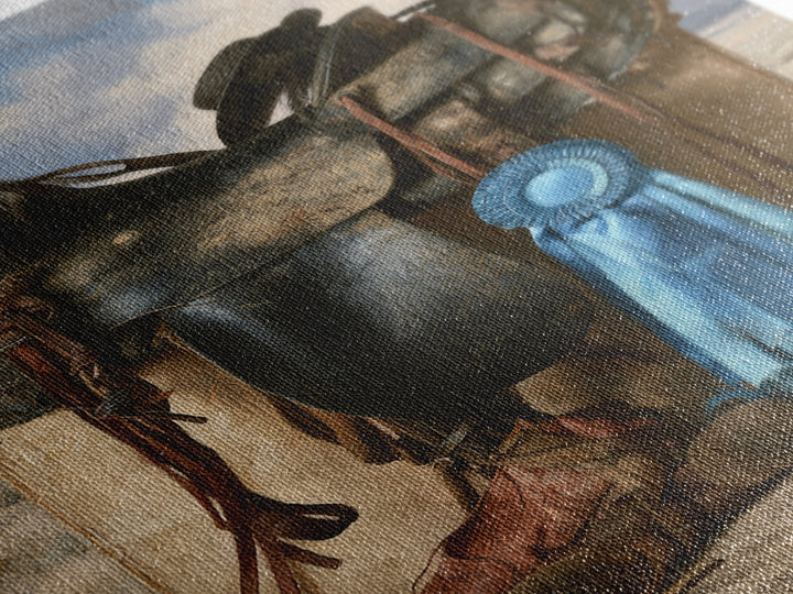 Blue Ribbon and Saddle Competition Still Life Framed Canvas Print, Equestrian Art, Wall Art, Living Room Decor, Equestrian, EQU-2x3-1
