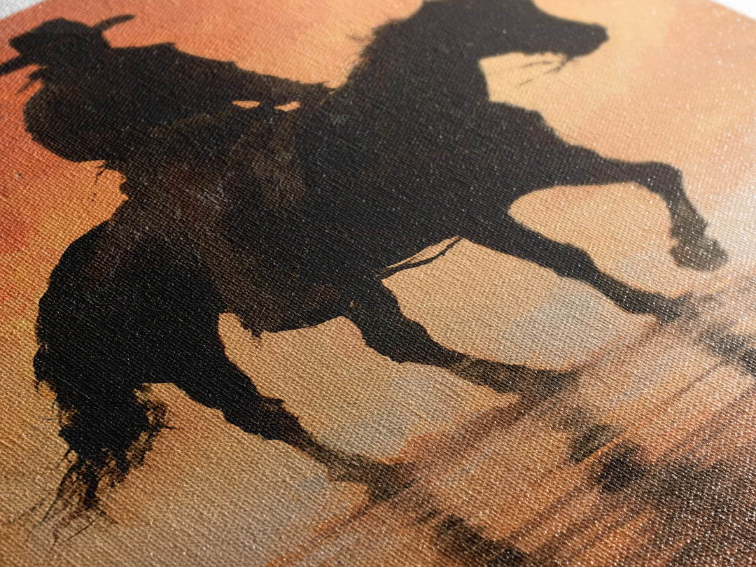 Equestrian Rider Silhouette at Sunrise Canvas Print, Equestrian Art, Antique Oil Painting, Living Room Decor, Abstract Art, EQU-2x3-11