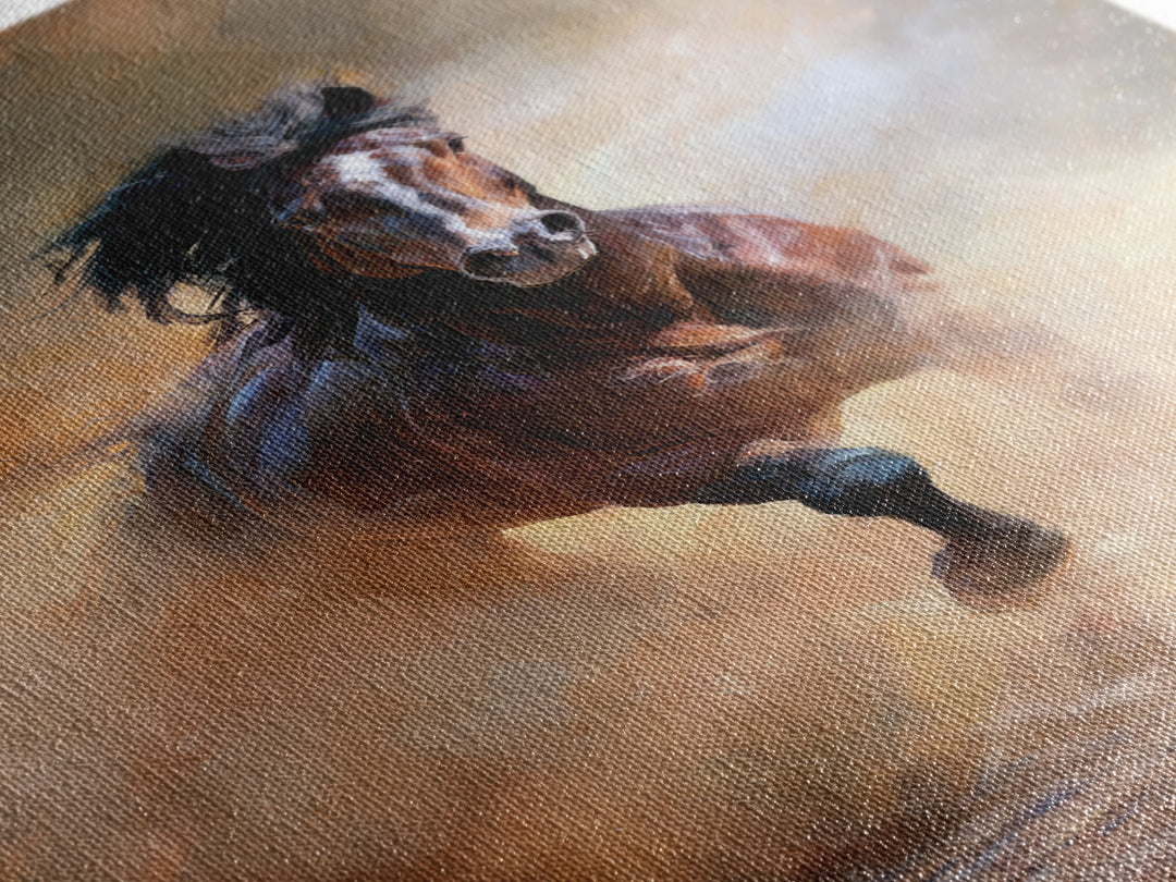 Galloping Horse in Golden Dust and Sunlight Canvas Print, Equestrian Art, Boho Wall Art, Living Room Decor, Oil Painting, EQU-2x3-57