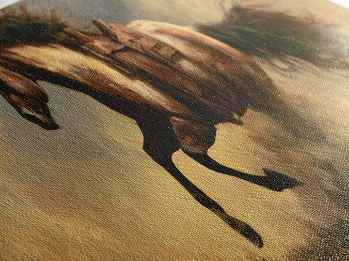 Galloping Horse in Golden Dust and Sunlight Canvas Print, Equestrian Art, Western Art, Living Room Decor, Equestrian, EQU-3x1-89
