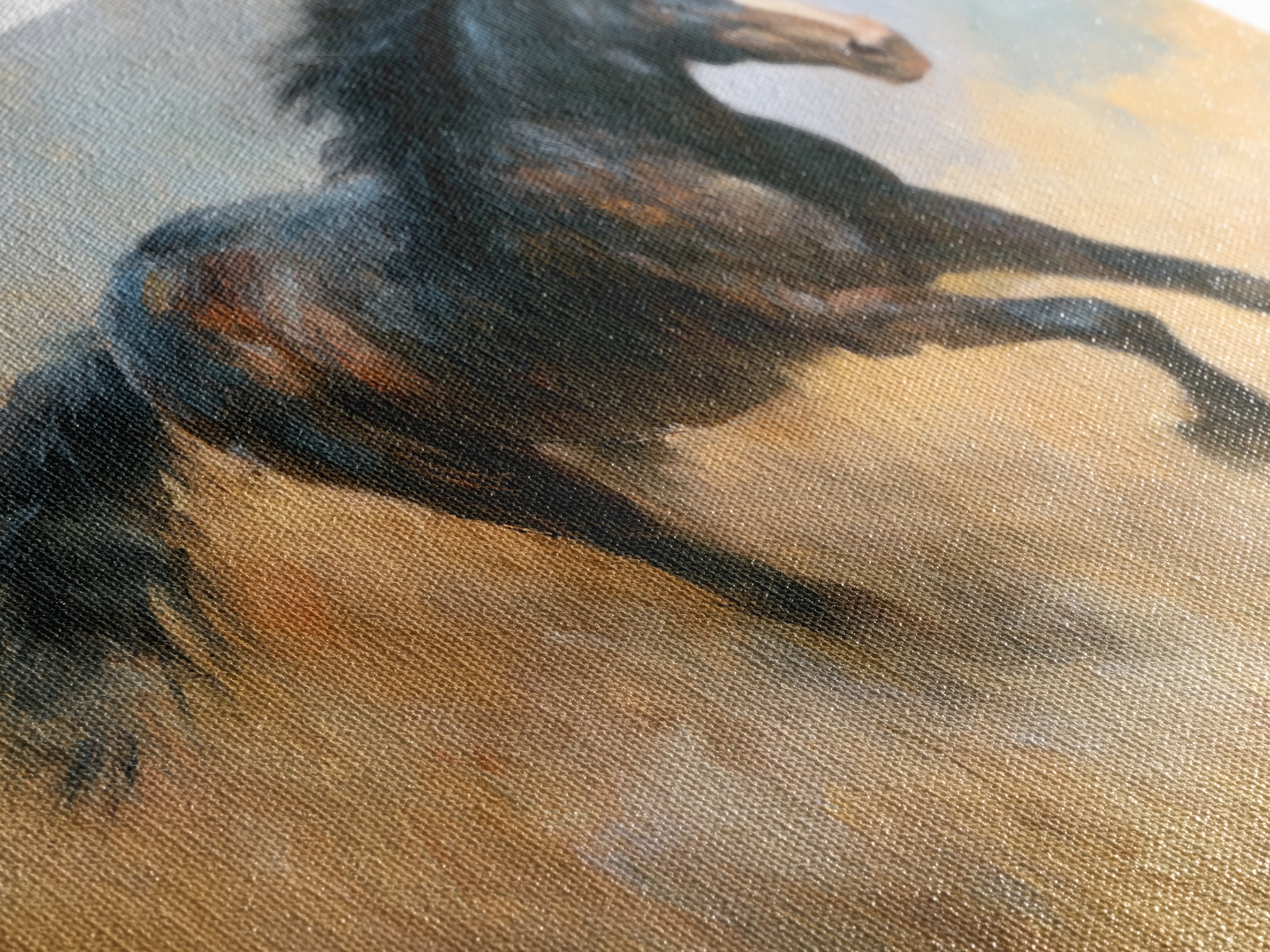 Galloping Horse in Golden Dust and Sunlight Canvas Print, Equestrian Art, Abstract Painting, Living Room Decor, Equestrian, EQU-3x2-5