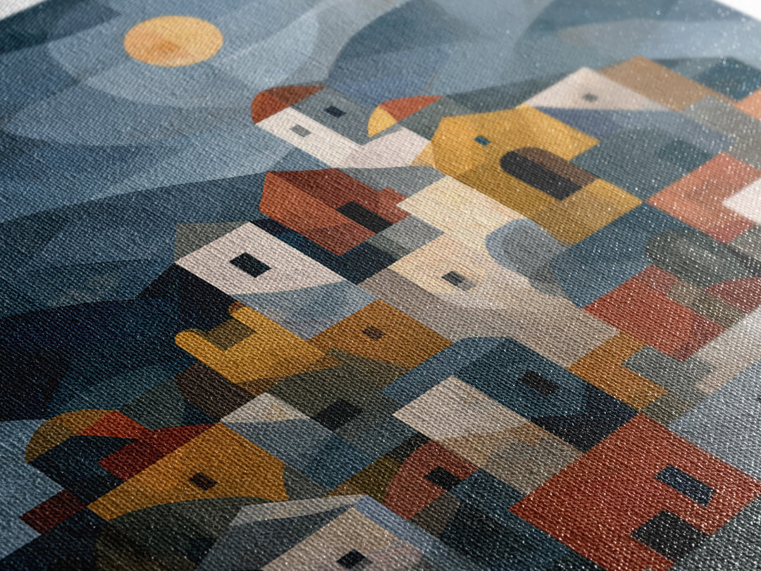 Moonlit Village with Swirling Unnatural Color Canvas Print, Expressionist Art, Unique Wall Art, Living Room Decor, Expression, EXP-1x1-60