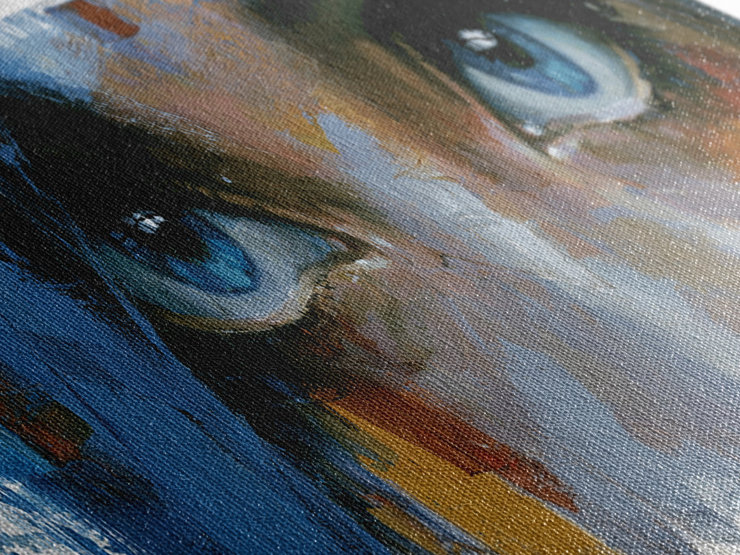 Woman in Blue with Dramatic Expressive Eyes Canvas Print, Expressionist Art, Colorful Wall Art, Living Room Decor, Expression, EXP-3x1-32