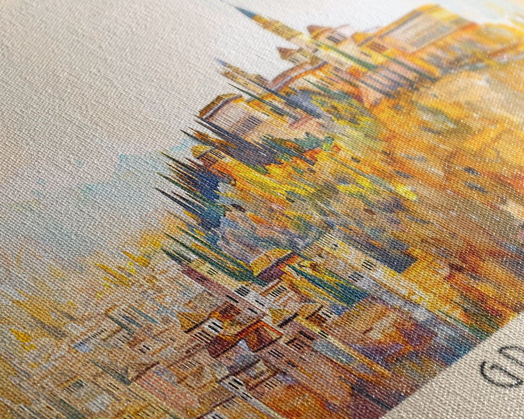 Granada Spain Panoramic Travel Poster, Framed Canvas Print or Metal Wall Art, Travel Art, Home Decor, Panoramic Painting, Midcentury Art