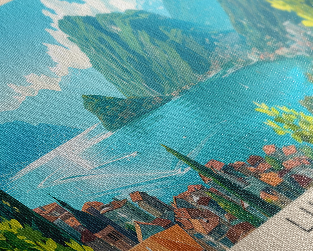 Lugano Switzerland Panoramic Travel Poster, Framed Canvas Print or Metal Wall Art, Travel Art, Home Decor, Panoramic Painting, Midcentury Art