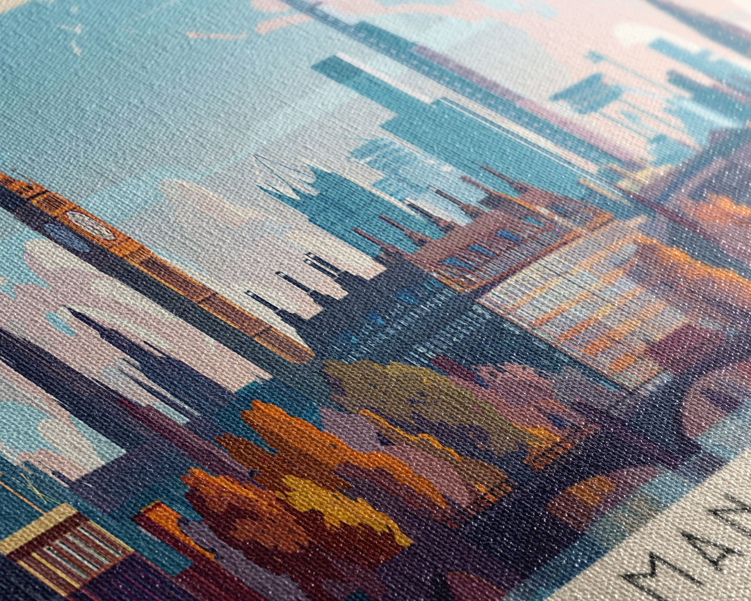 Manchester United Kingdom Panoramic Travel Poster, Framed Canvas Print or Metal Wall Art, Travel Art, Home Decor, Panoramic Painting, Midcentury Art