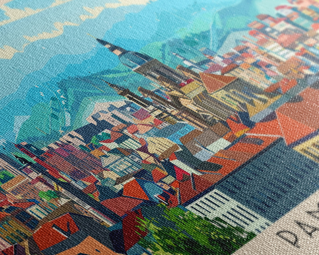 Pamplona Spain Panoramic Travel Poster, Framed Canvas Print or Metal Wall Art, Travel Art, Home Decor, Panoramic Painting, Midcentury Art