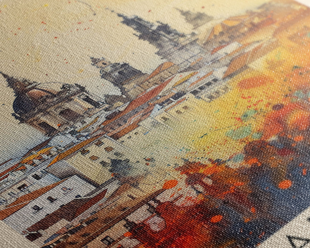 Badajoz Spain Travel Poster Framed Canvas Print, Wall Art, Home Decor, Vacation Print, Watercolor Painting, Cityscape Art, Vibrant Colors