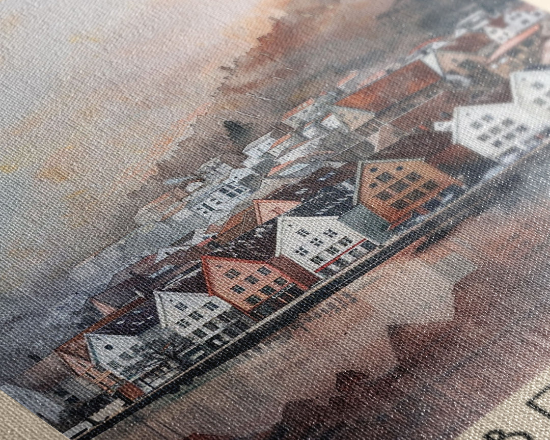 Bergen Norway Travel Poster Framed Canvas Print, Watercolor Painting, Wall Art, Home Decor, Boho Art, Scenic Travel Print