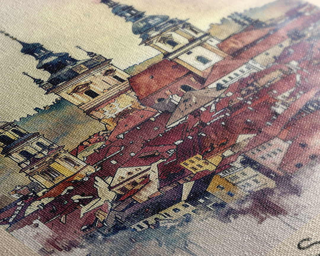 Bielsko-Biała Poland Travel Poster Framed Canvas Print, Watercolor Painting, Wall Art, Home Decor, Travel Print, Historic Cityscape