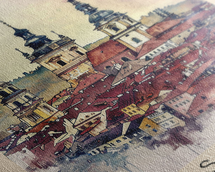 Bielsko-Biała Poland Travel Poster Framed Canvas Print, Watercolor Painting, Wall Art, Home Decor, Travel Print, Historic Cityscape