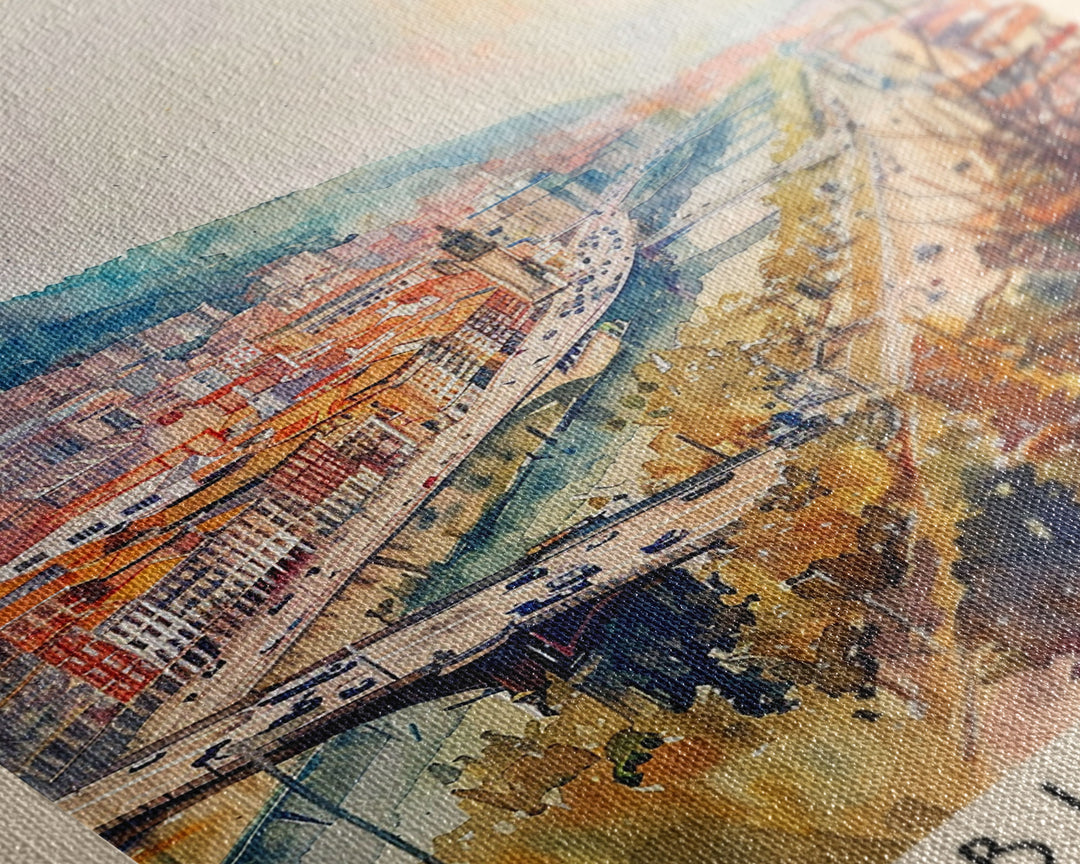 Bilbao Spain Travel Poster Framed Canvas Print, Watercolor Painting, Wall Art, Home Decor, Scenic Travel Print, Cityscape Art