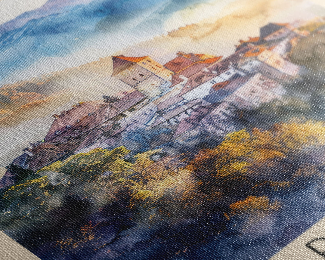 Bra?ov Romania Travel Poster Framed Canvas Print, Wall Art, Home Decor, Travel Print, Mountain View, Watercolor Painting, Original Art