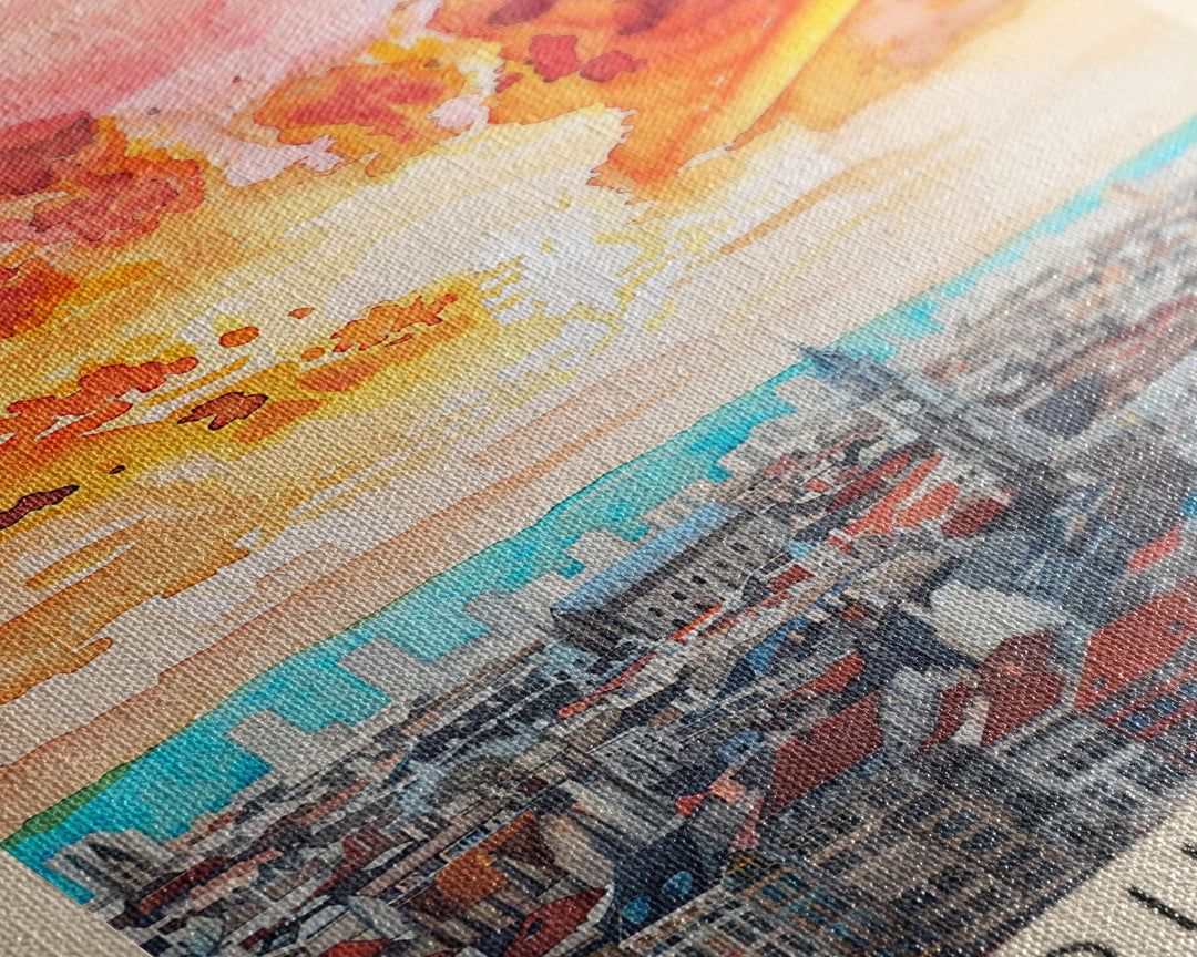 Brussels Belgium Travel Poster Framed Canvas Print, Abstract Sunset, Wall Art, Modern Home Decor, Travel Print, Watercolor Painting, Art Piece