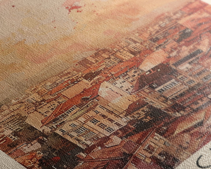 Bucharest Romania Travel Poster Framed Canvas Print, Abstract Cityscape, Boho Wall Art, Home Decor, Living Room Art, Watercolor Painting, Original Art