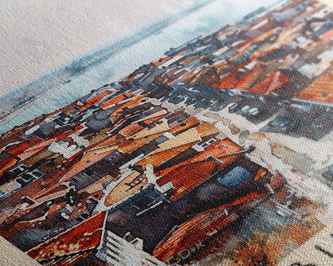 Burgas Bulgaria Travel Poster Framed Canvas Print, Coastal Cityscape, Watercolor Painting, Wall Art, Home Decor, Minimalist Travel Print, Urban Scene