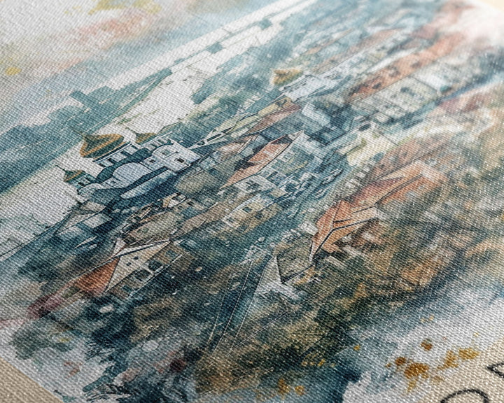 Dnipro Ukraine Urban Landscape Framed Canvas Print, Watercolor Travel Poster, Eastern European Wall Art, Elegant Home Decor, Retro Cityscape Art, Living Room Accent